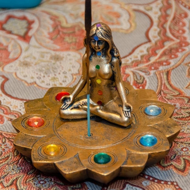 Bronze Chakra Incense Burner with plastic gems.