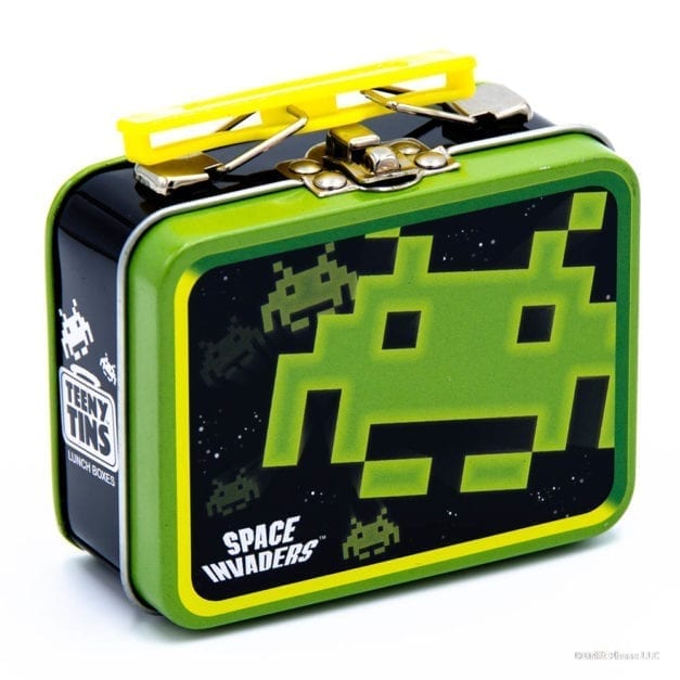 Teeny Tins Lunchboxes Space Invaders Series 1 Green and Black with the lid closed sitting upright.