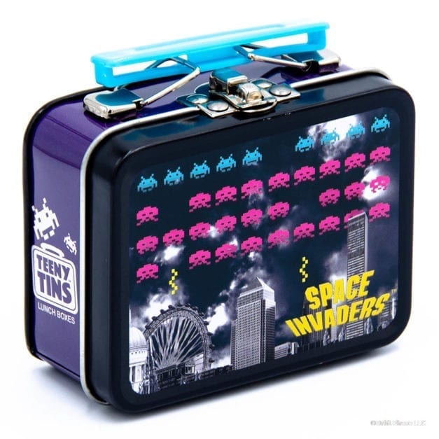 Black and Purple Teeny Tins Space Invaders series Mini Lunchbox totes with the lid closed.