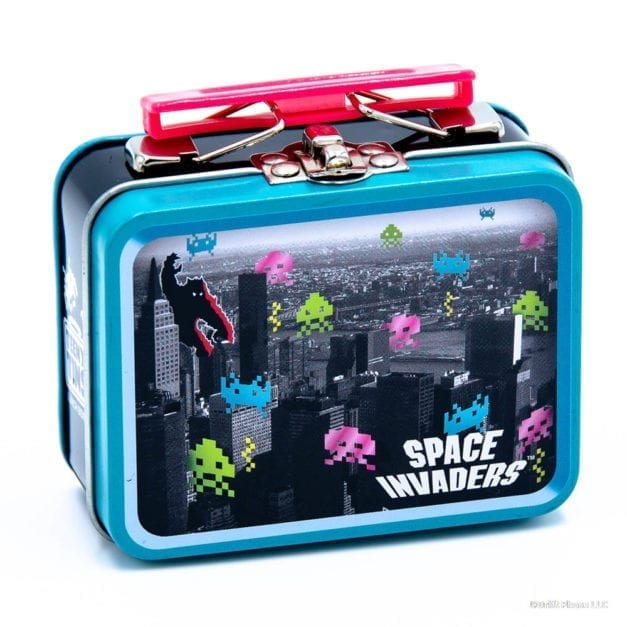 Teeny Tins Space Invaders Mini-Lunchbox Tote - Black, Blue with Pink Handle.