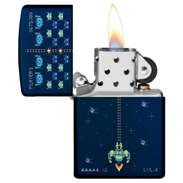 Zippo Pixel Game 8bit Throwback Lighter with lid open and flame.