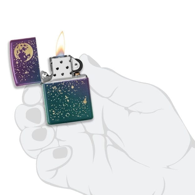 Approximate scale photo of the Zippo Starry Night Sky Lighter in a hand.