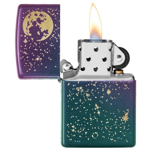 Authentic Starry Night Sky Zippo Lighter with Lid Open and Flame.