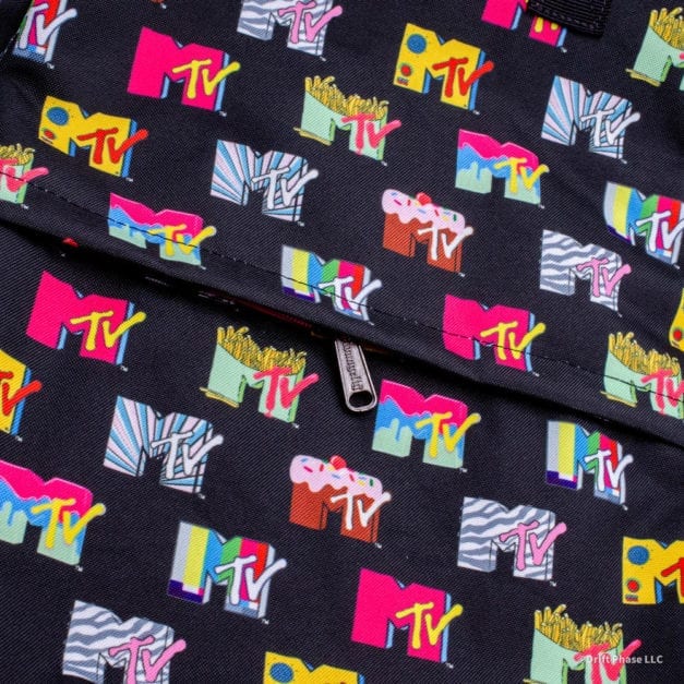 Close up front photo of the MTV Logo Loungefly Backpack