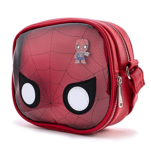 Angled wide photo of Spider-Man POP! crossbody purse by Loungefly.