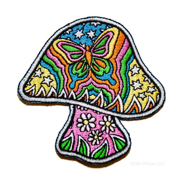Hippy Mushroom Embroidered Patch with Butterfly