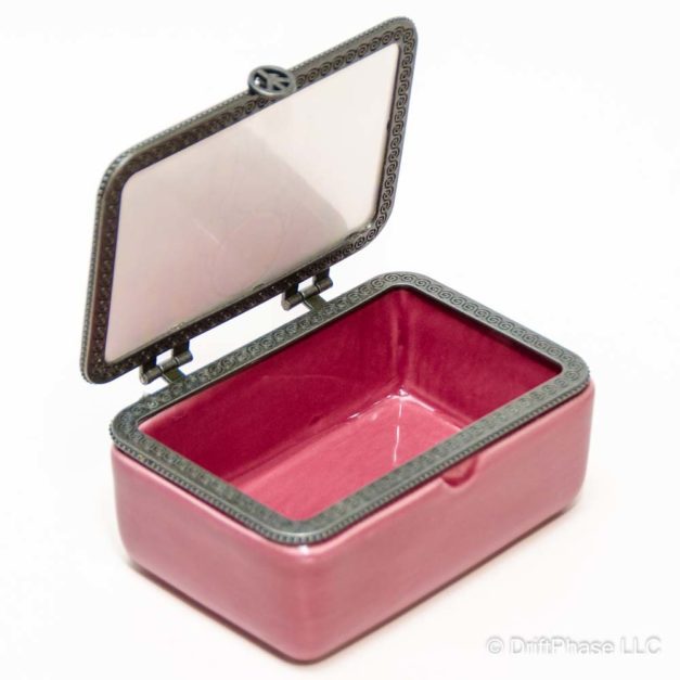 Pink Dream Catcher Ceramic Keepsake Box with lid open.