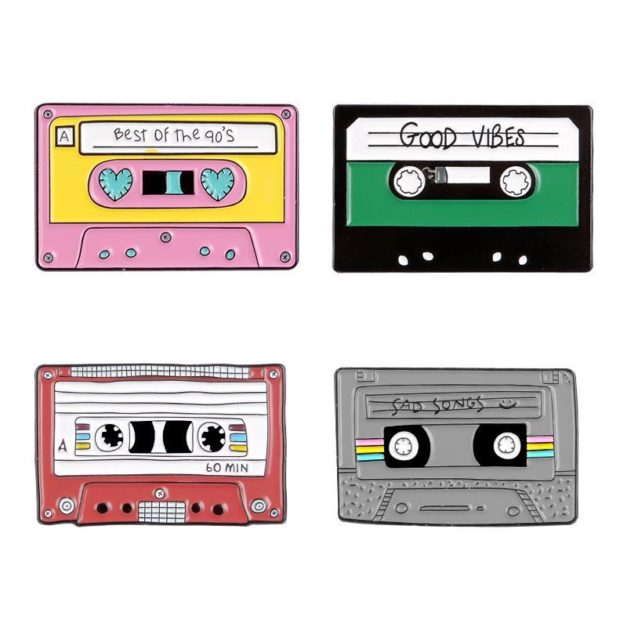 Example of all 4 cassette tape shaped enamel pins.