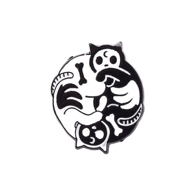Skeleton Yin-Yang Cat Enamel Pin Close-Up Image