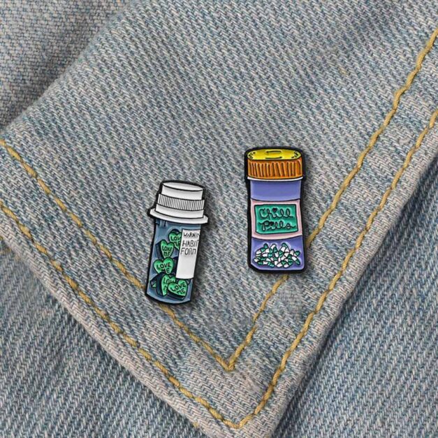 Love Me and Chill Pill 2 Piece Enamel Pin Set - On Demin Jacket