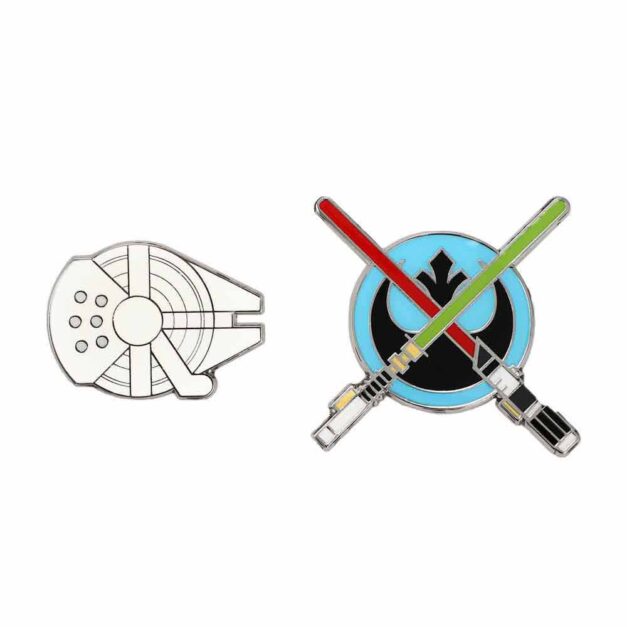 Two Star Wars Enamel Pins - Millennium Flacon and Light Sabers